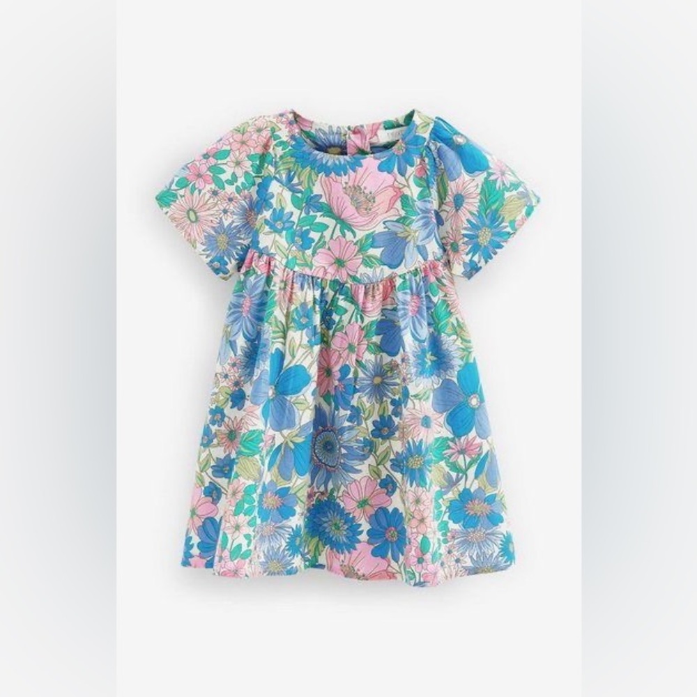 Next Toddler Girl Angel Sleeve Blue Floral Cotton Dress Size 2-3 years